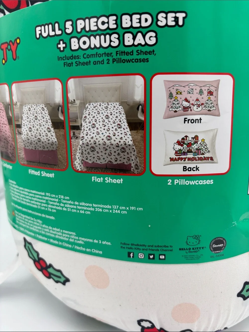 NWT Hello Kitty Full Size Reversible Merry Winter ComforterBed Set 5pc + Bag